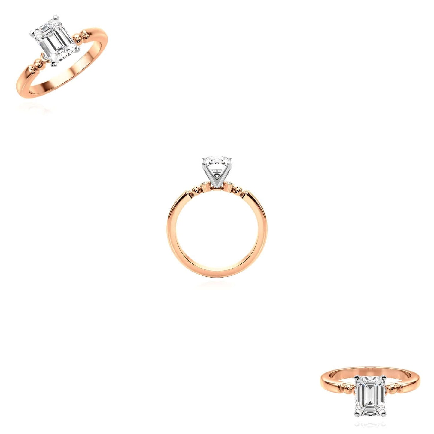 1.06CTW Lab-Grown Diamond 14K Real Gold Rose Beaded Emerald-Cut Engagement Ring
