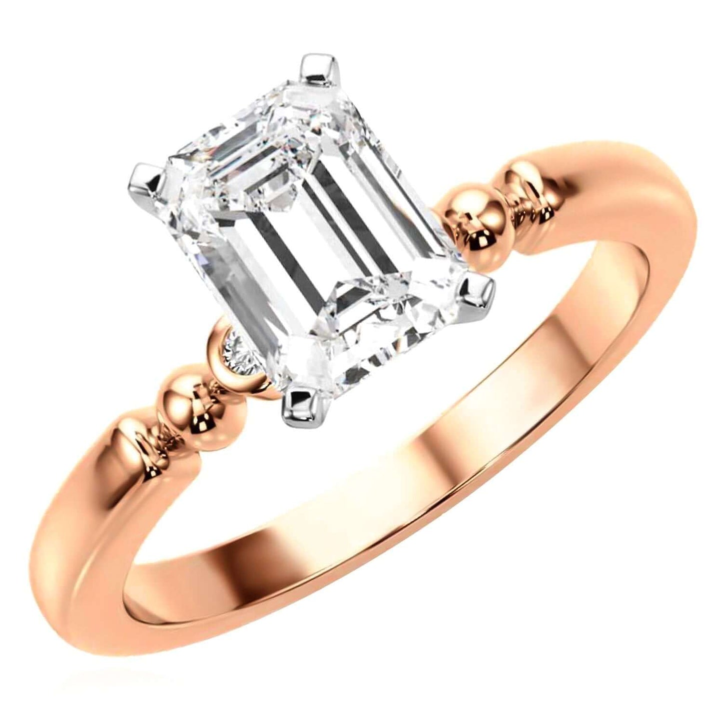 1.06CTW Lab-Grown Diamond 14K Real Gold Rose Beaded Emerald-Cut Engagement Ring