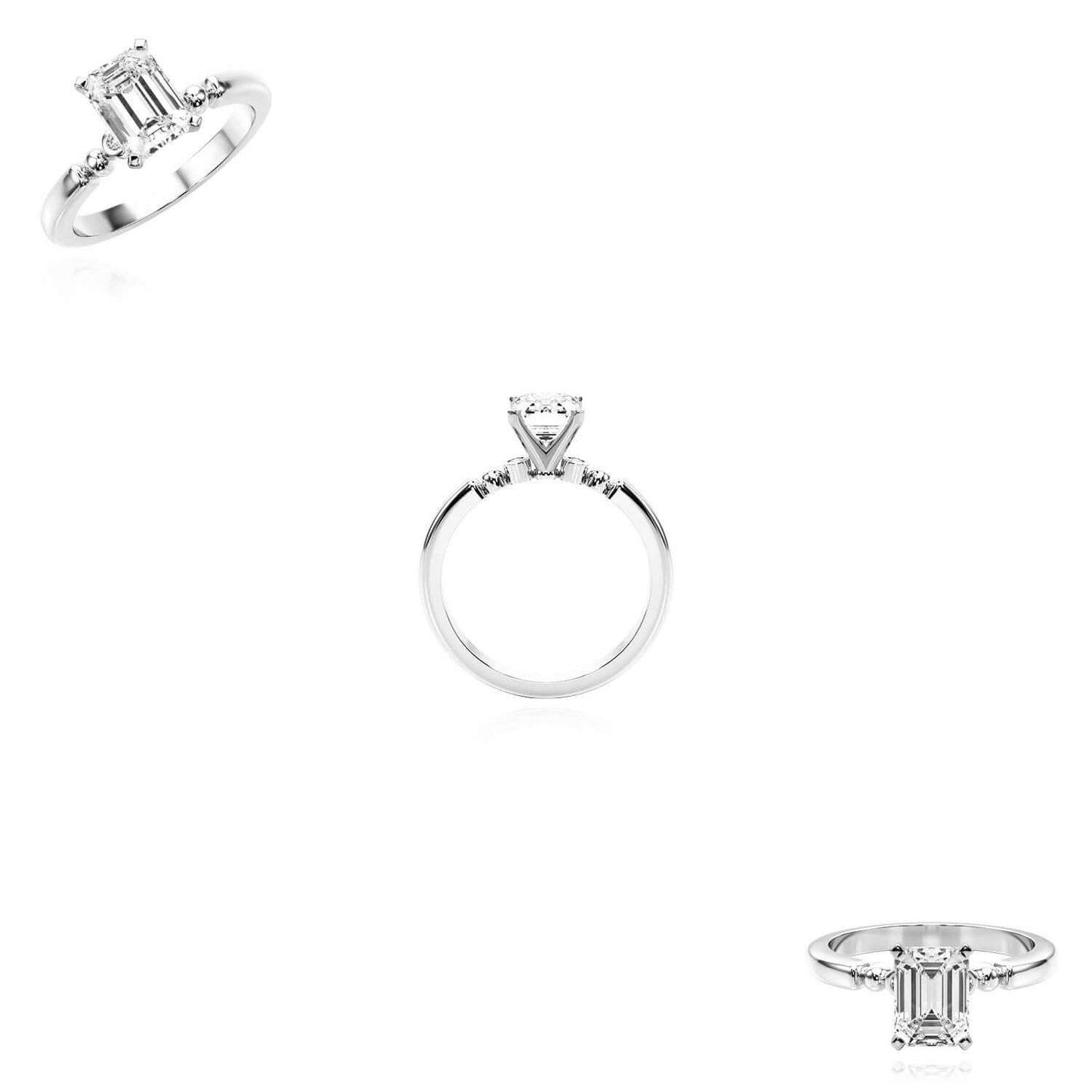 1.56CTW Lab-Grown Diamond 14K Real Gold White Beaded Emerald-Cut Engagement Ring