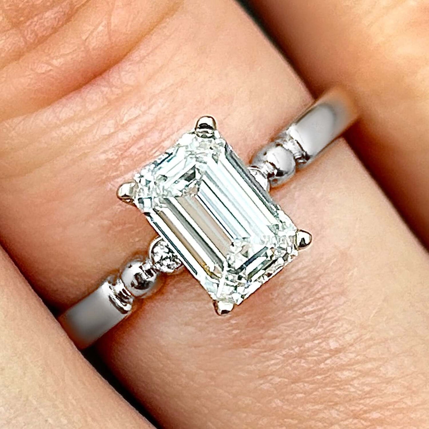 1.56CTW Lab-Grown Diamond 14K Real Gold White Beaded Emerald-Cut Engagement Ring