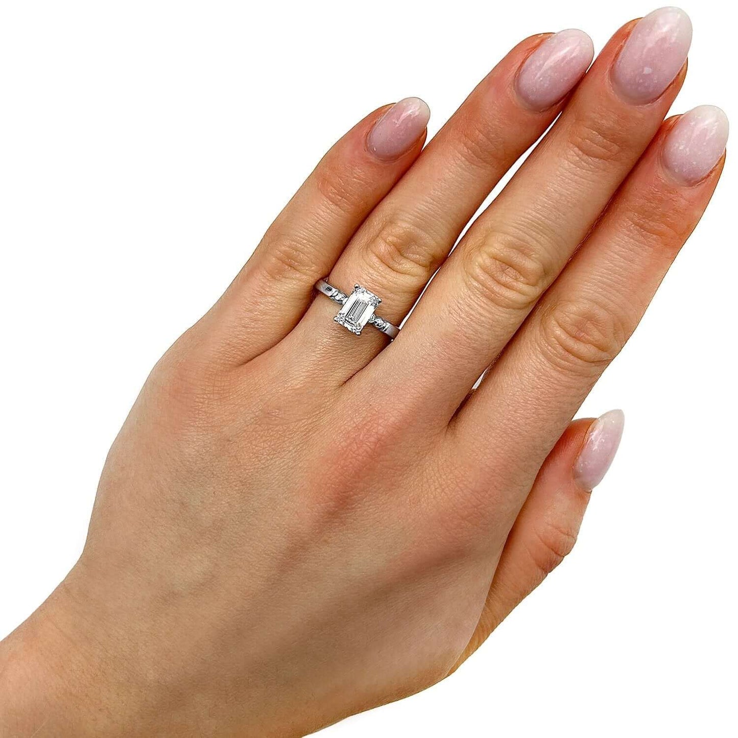 1.56CTW Lab-Grown Diamond 14K Real Gold White Beaded Emerald-Cut Engagement Ring