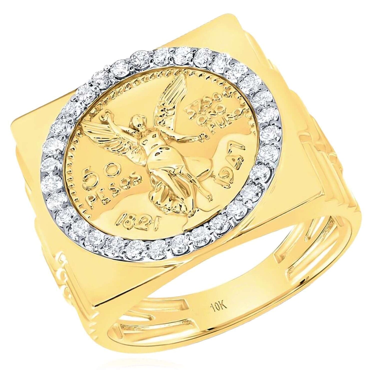 0.62CTW Real Diamond 10K Real Gold Centenario 50 Peso Coin Signet Ring