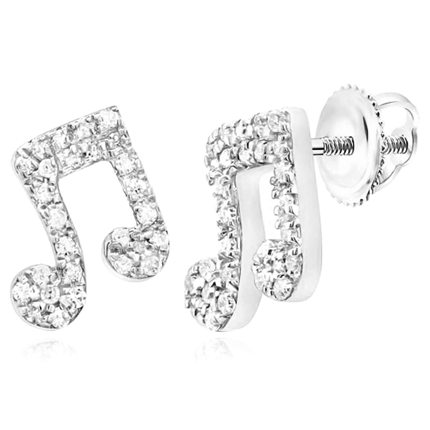 0.20CTW Real Diamond 10K Real Gold White Music Note Screw Backs Stud Earrings