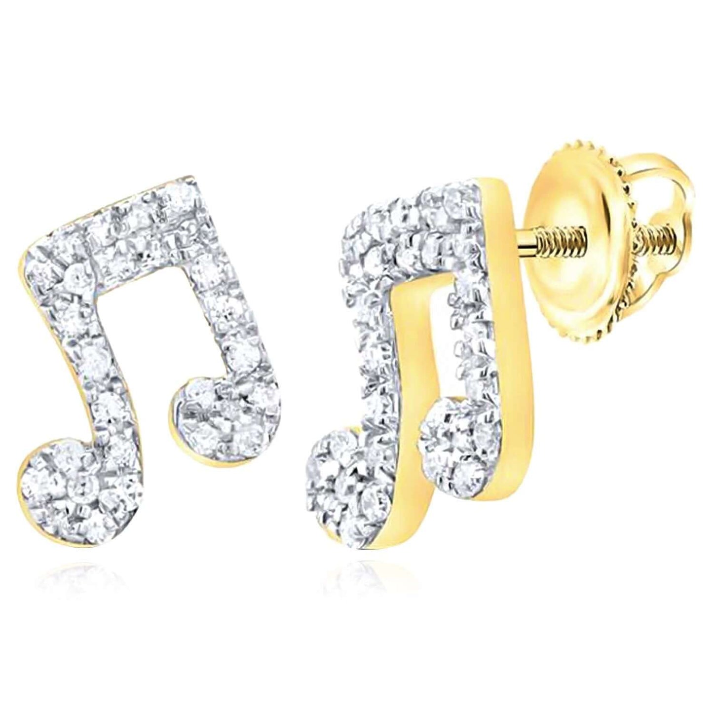 0.20CTW Real Diamond 10K Real Gold White Music Note Screw Backs Stud Earrings