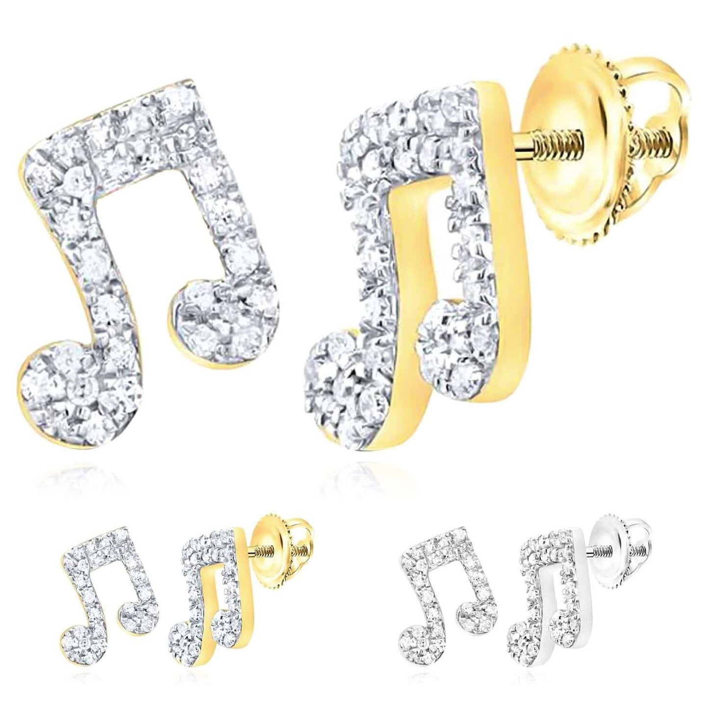 0.20CTW Real Diamond 10K Real Gold White Music Note Screw Backs Stud Earrings