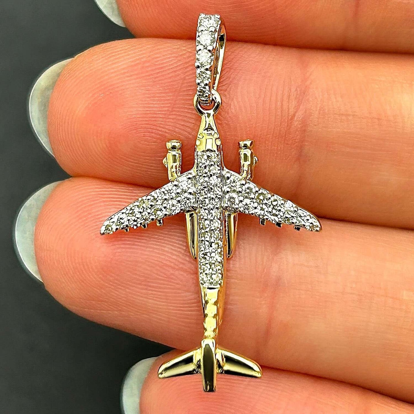 0.33CTW Real Diamond 10K Real Gold Airplane Pendant 1.4"