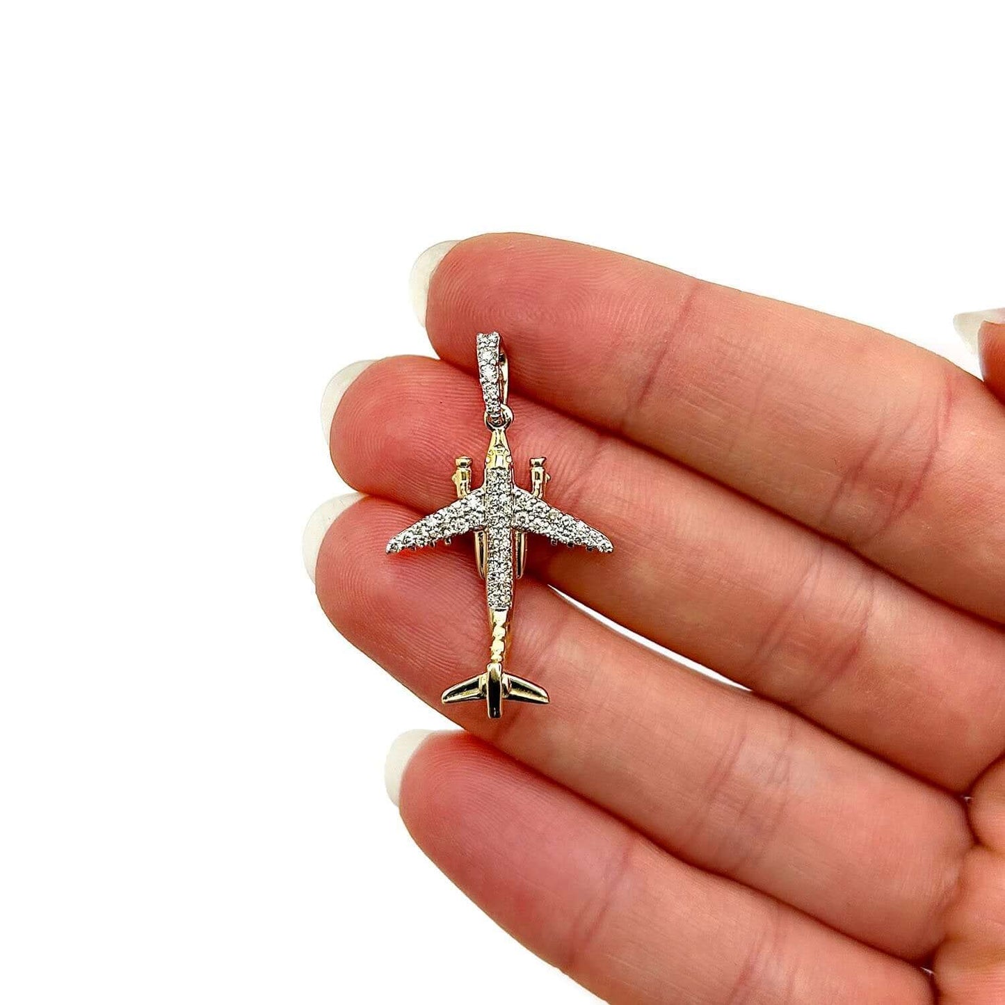 0.33CTW Real Diamond 10K Real Gold Airplane Pendant 1.4"