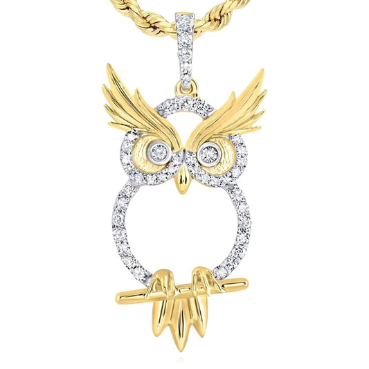 0.35CTW Natural Diamonds 10K Gold Owl Pendant 1.3"