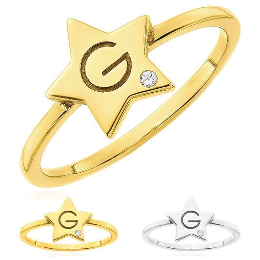 Personalized Natural Diamond 14K Yellow Gold White Rose Custom Name Star Ring