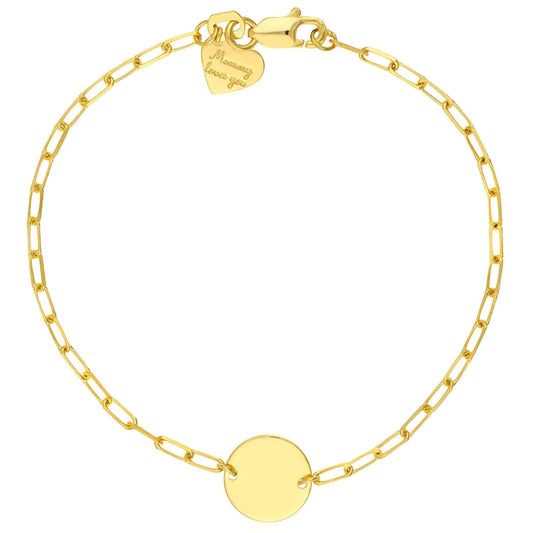 Kids Engravable 14K Yellow Gold Paperclip Disc Personalized ID Bracelet (Solid Links) 6"