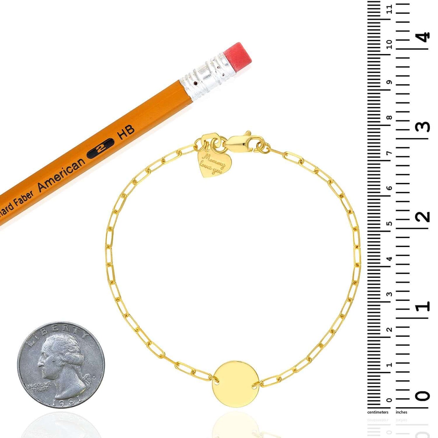 Kids Engravable 14K Real Gold Paperclip Disc Personalized ID Bracelet 6"