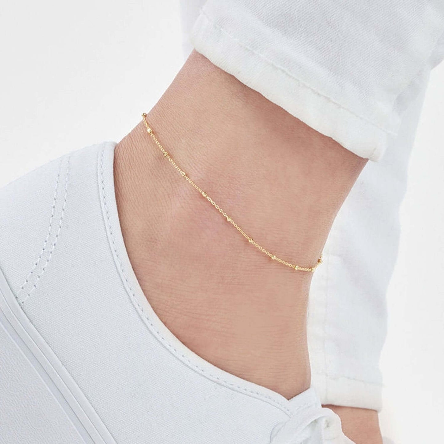 14K Real Gold Yellow or White Faceted Beaded Saturn Anklet 10"