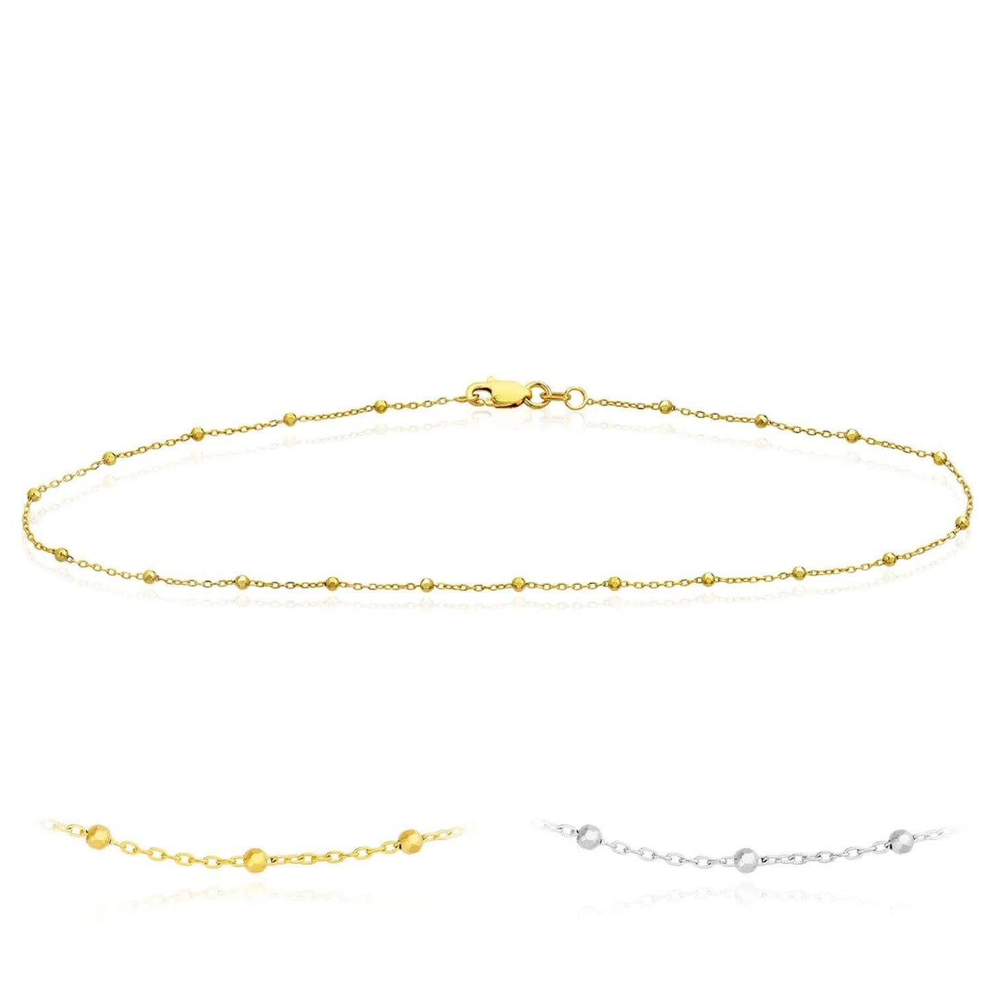 14K Real Gold Yellow or White Faceted Beaded Saturn Anklet 10"