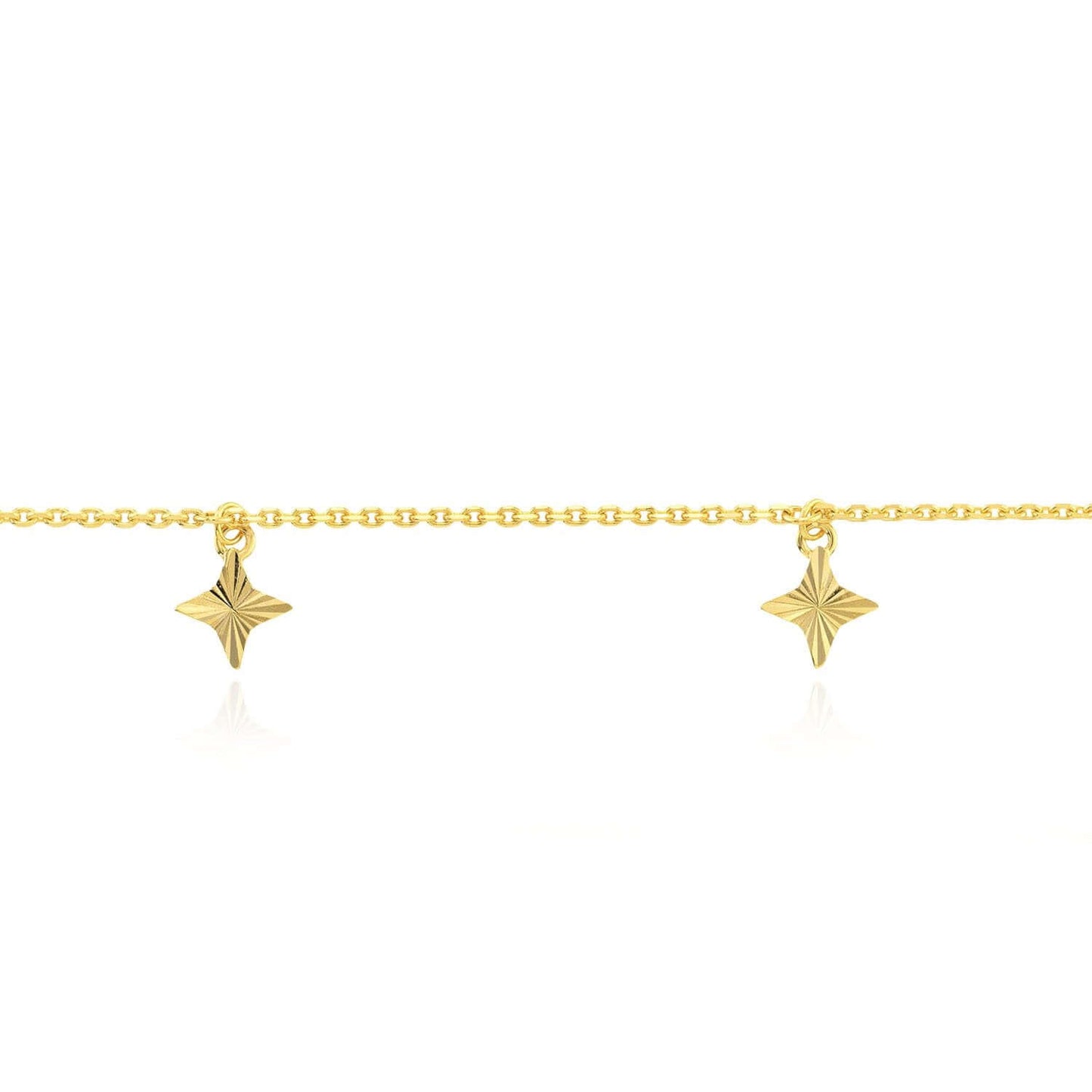 14K Real Gold Cable Chain Fluted North Star Charm Anklet 9"-10" Adjustable