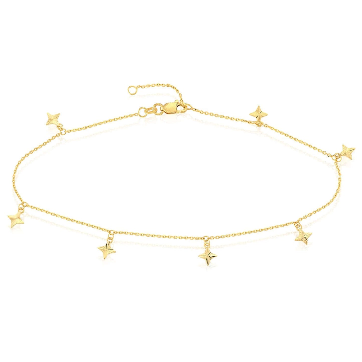 14K Real Gold Cable Chain Fluted North Star Charm Anklet 9"-10" Adjustable