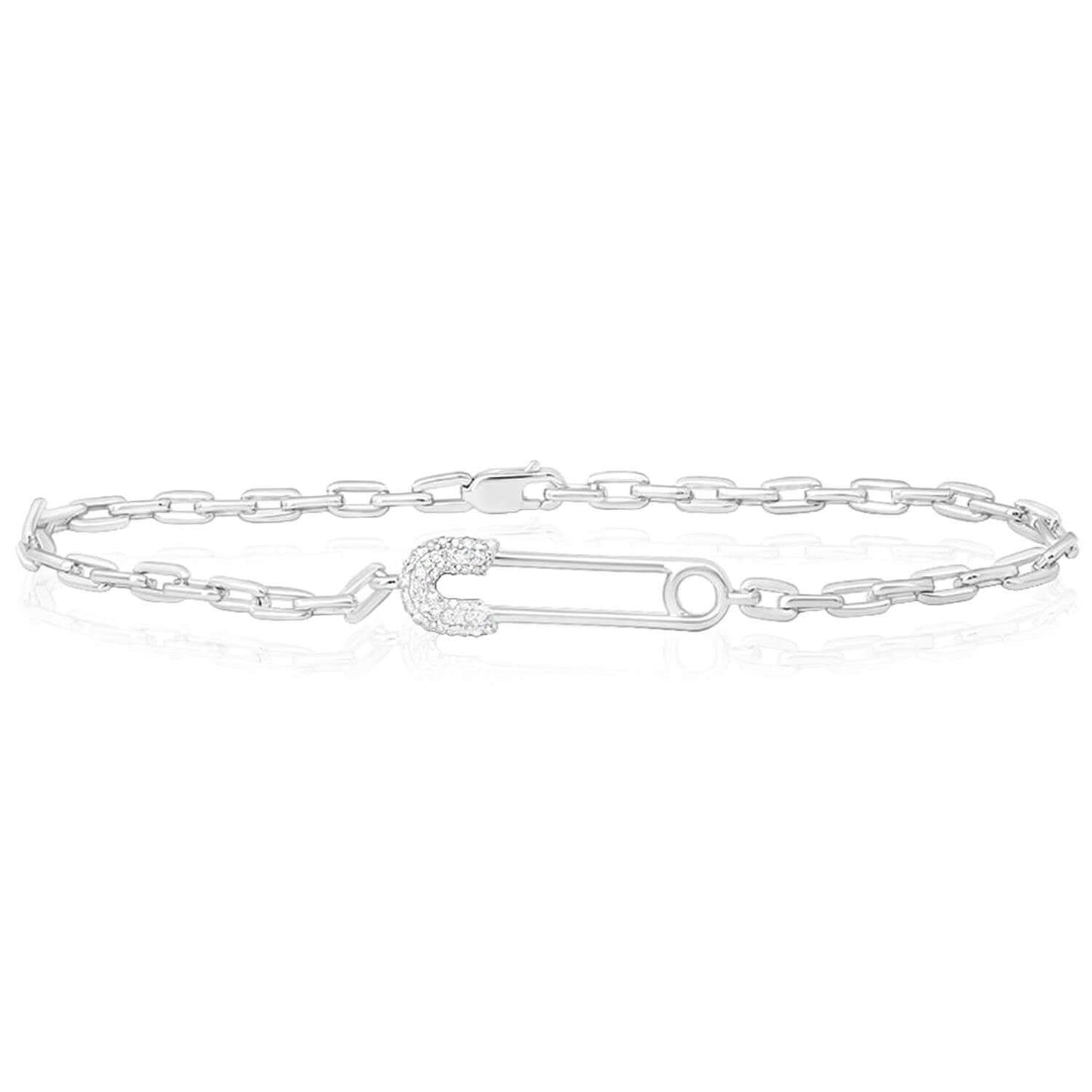 0.12CTW Real Diamond Sterling Silver Safety Pin Cable Bracelet 7"