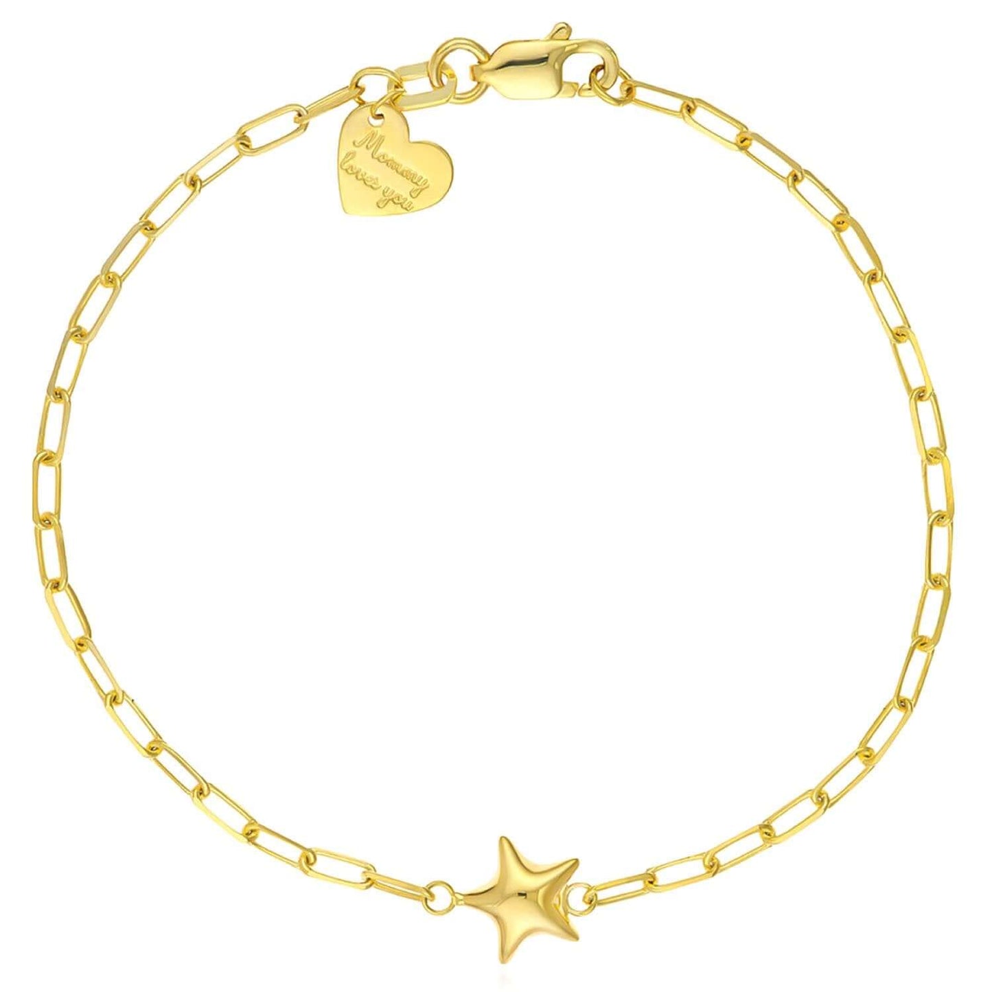 Kids 14K Real Gold Star "Mommy loves you" Heart Charm Paperclip Bracelet 6"