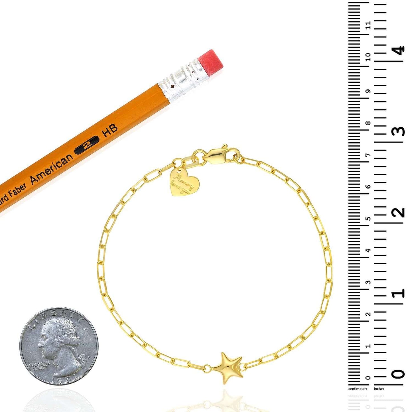 Kids 14K Real Gold Star "Mommy loves you" Heart Charm Paperclip Bracelet 6"