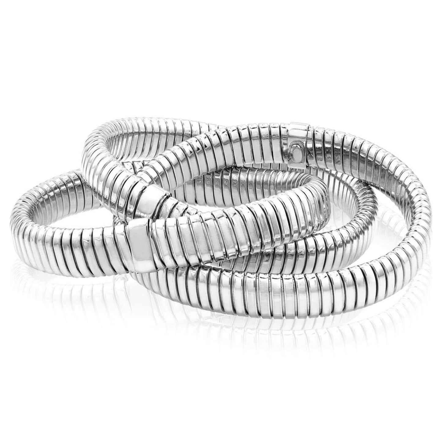 Sterling Silver 10mm Triple Interlinked Layered Omega Bangle Bracelet (Solid Links) 10mm