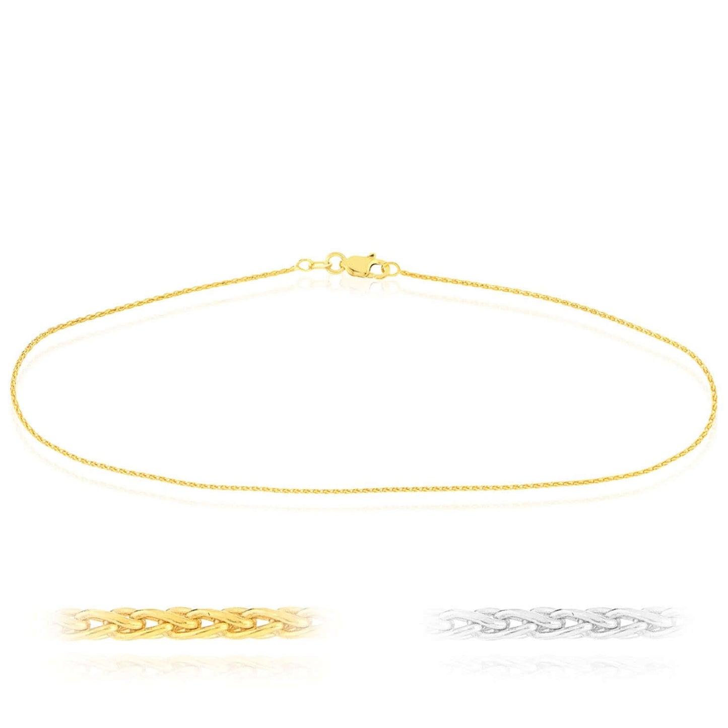 14K Real Gold Yellow White Diamond-Cut Spiga Wheat Ankle Bracelet - 10"