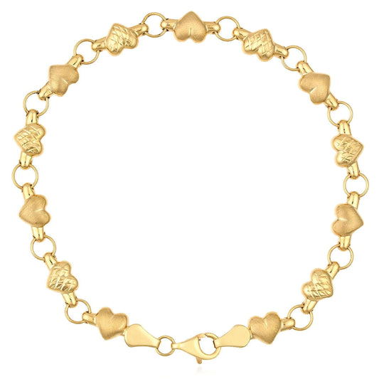 Solid 14K Real Gold Diamond-Cut Satin Heart Stampato Bracelet 7.25"
