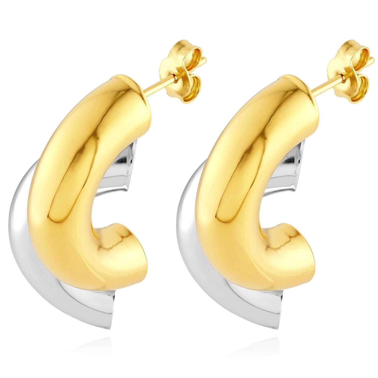 14K Real Gold Two-Tone Yellow White Half Circle Hoop Earrings 30mm