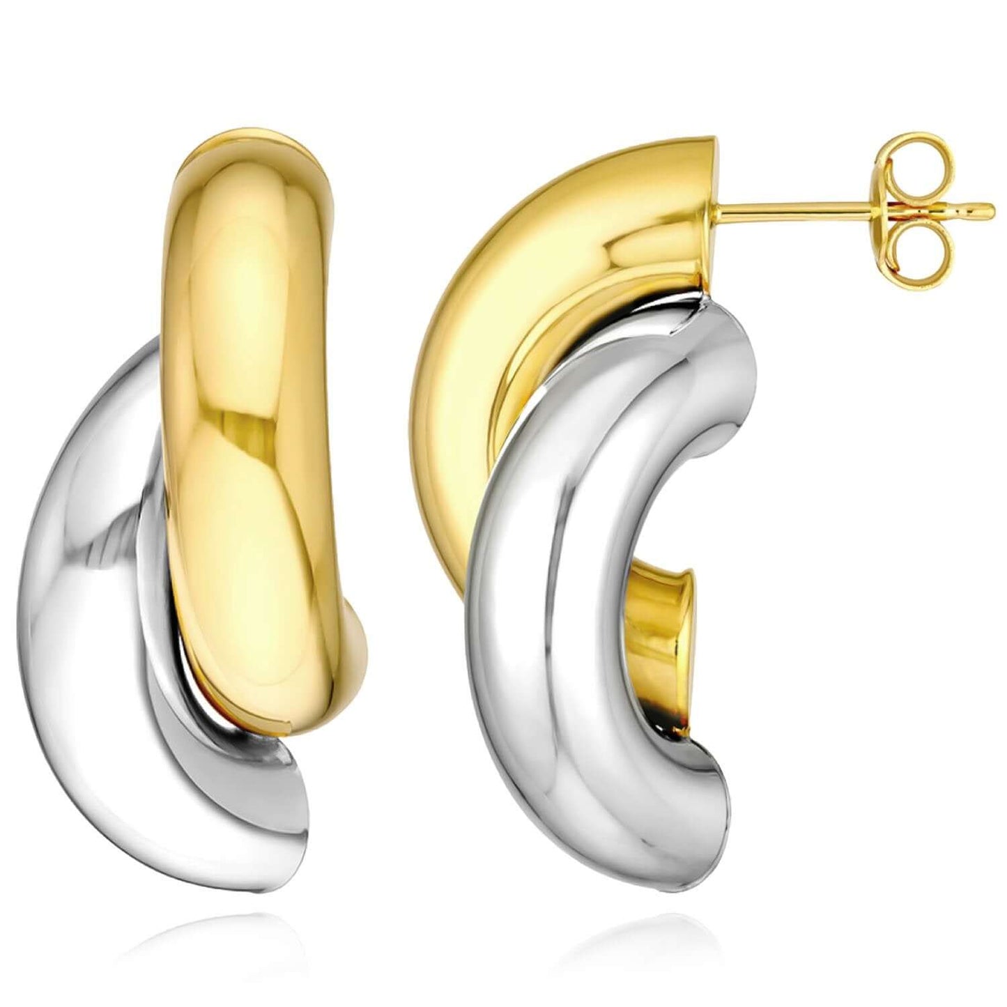14K Real Gold Two-Tone Yellow White Half Circle Hoop Earrings 30mm