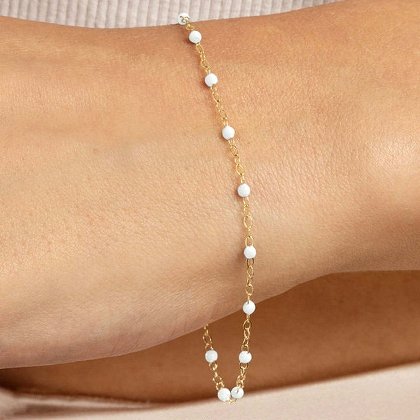 14K Yellow Gold Red, White, Cobalt Enamel Bead Bracelet (Solid Links) 6.5"-7.5" Adjustable