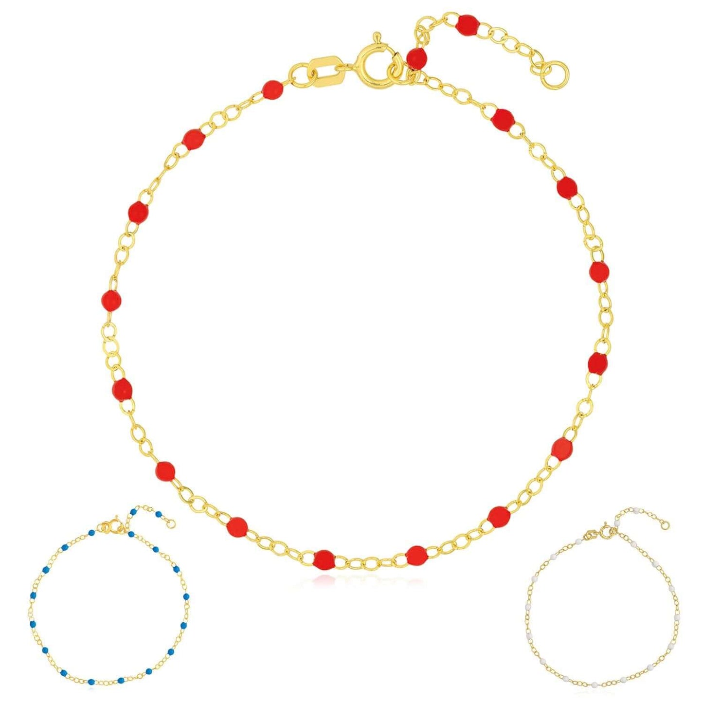 14K Yellow Gold Red, White, Cobalt Enamel Bead Bracelet (Solid Links) 6.5"-7.5" Adjustable