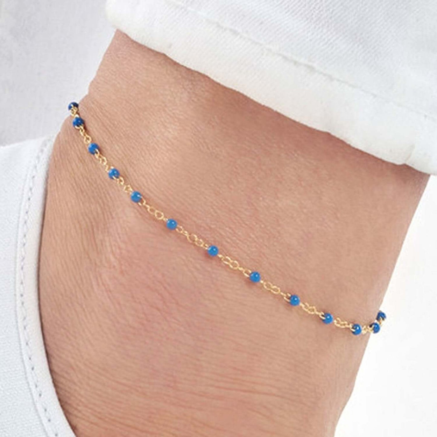 14K Real Gold Red, White, Cobalt Enamel Bead Ankle Bracelet 9"-10" Adjustable