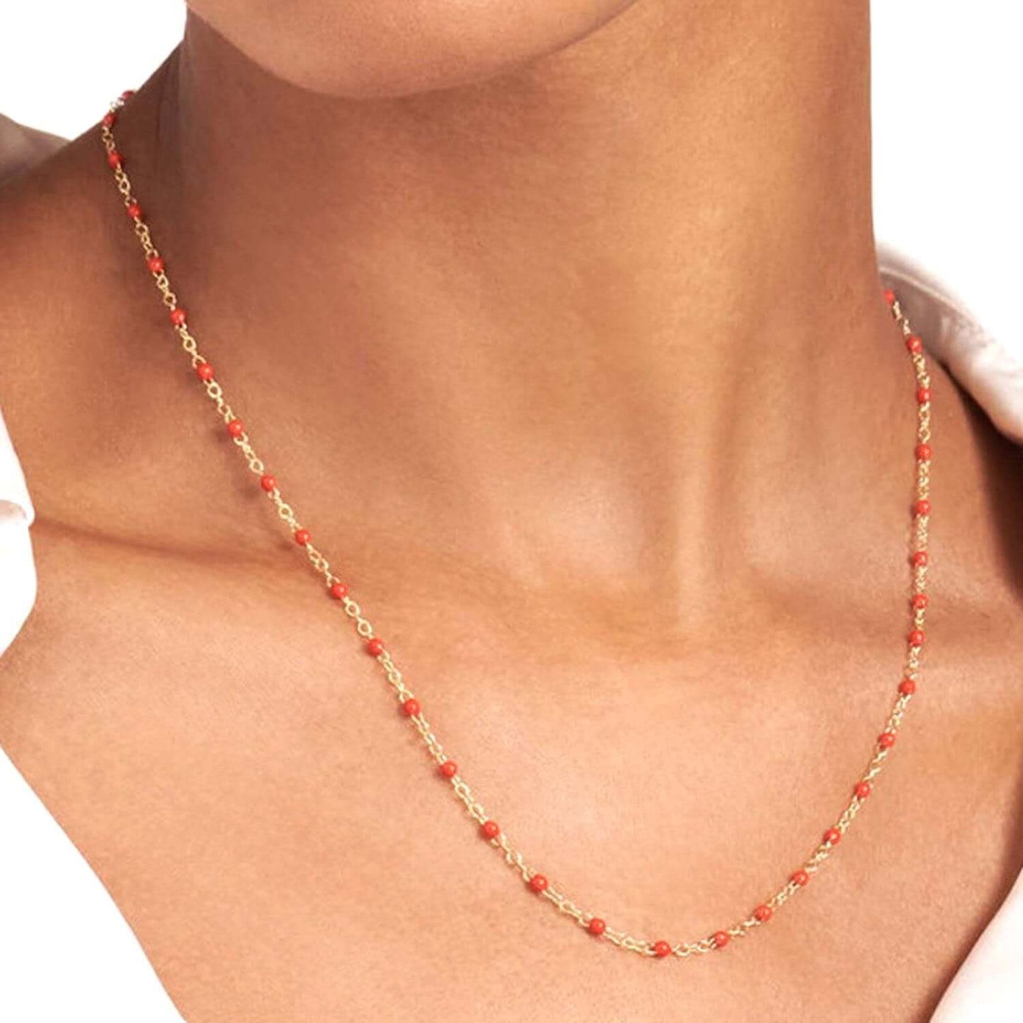 14K Real Gold Red, White, Cobalt Enamel Bead Necklace 16"-18" Adjustable