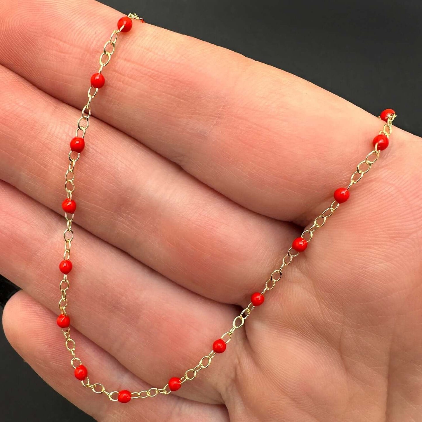 14K Real Gold Red, White, Cobalt Enamel Bead Necklace 16"-18" Adjustable