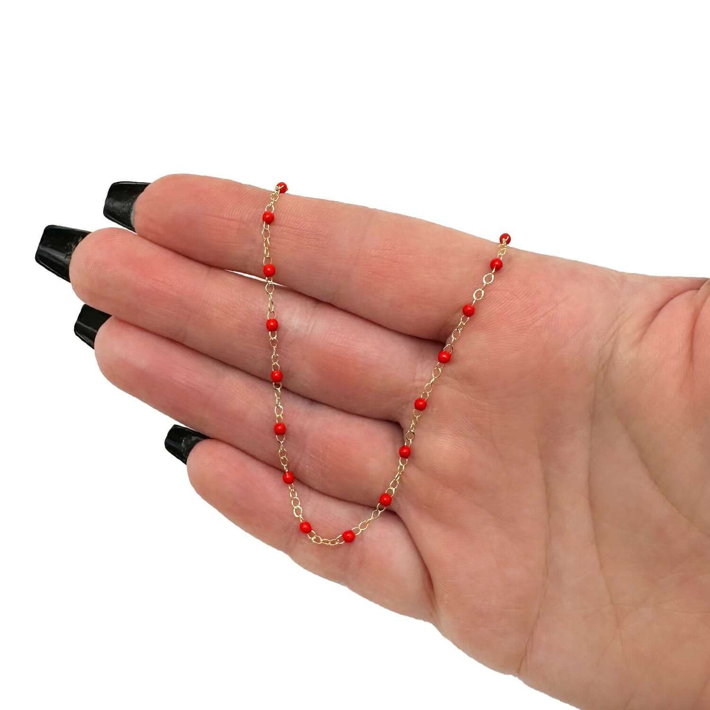 14K Real Gold Red, White, Cobalt Enamel Bead Necklace 16"-18" Adjustable