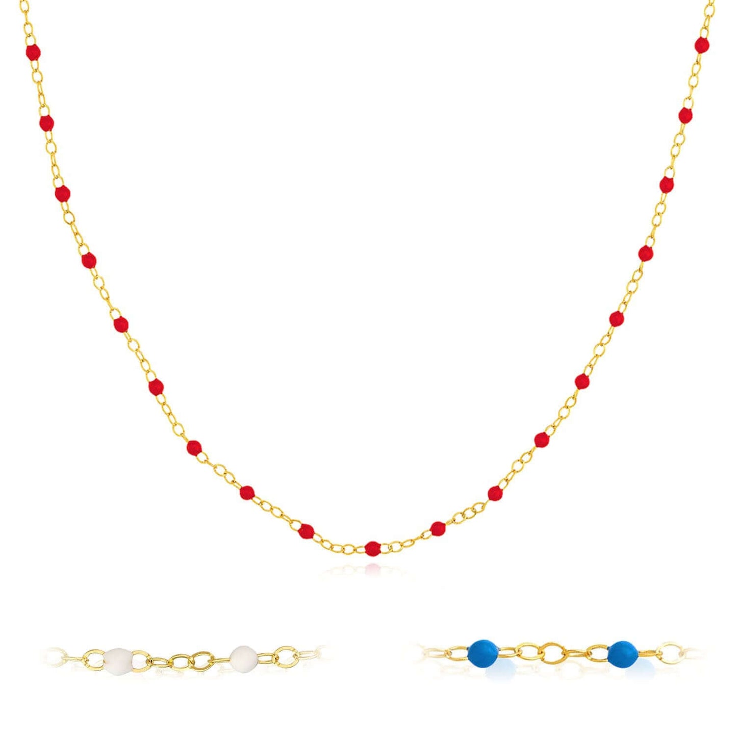14K Real Gold Red, White, Cobalt Enamel Bead Necklace 16"-18" Adjustable