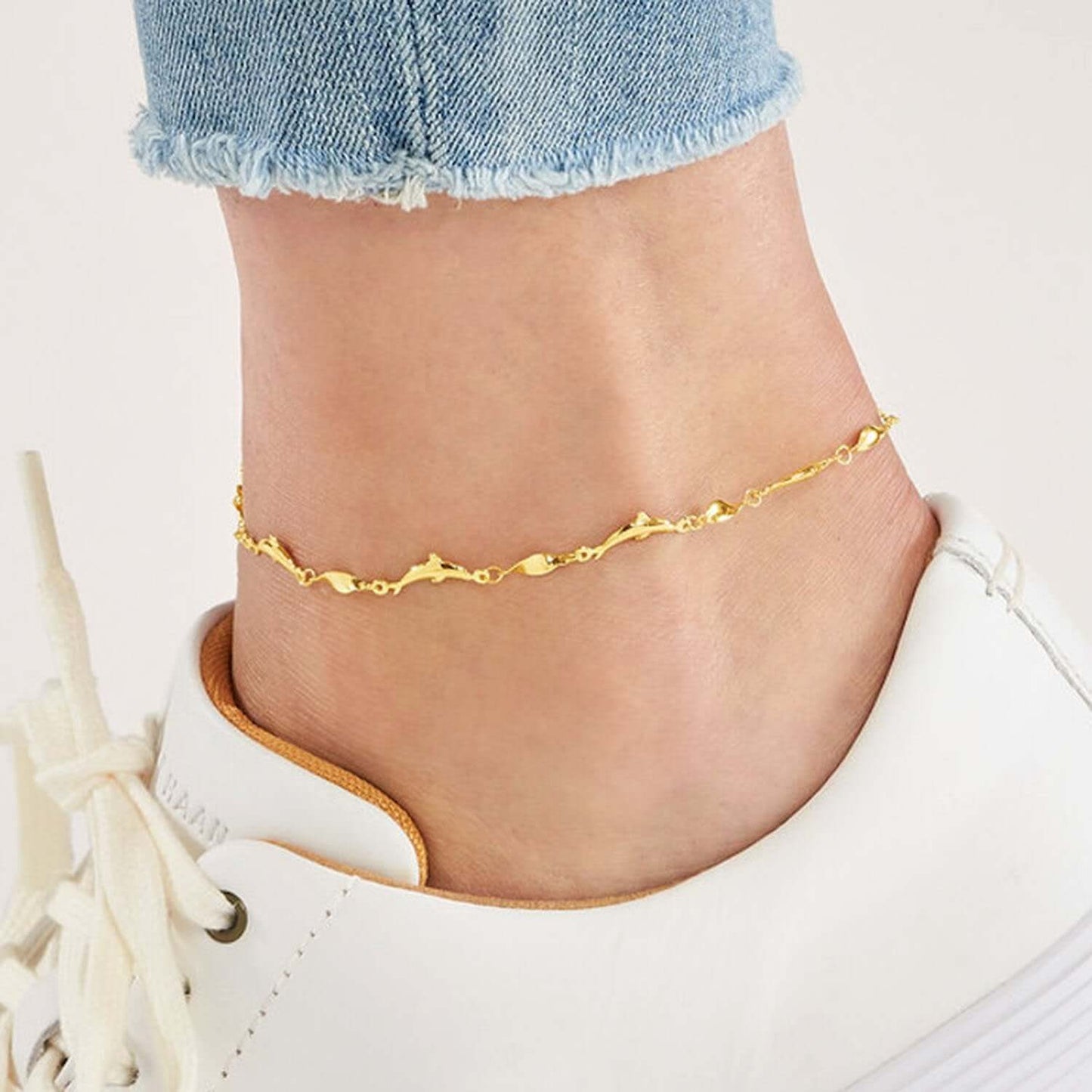 14K Real Gold Marquise Twisted Dolphin Ankle Bracelet 9"-10" Adjustable
