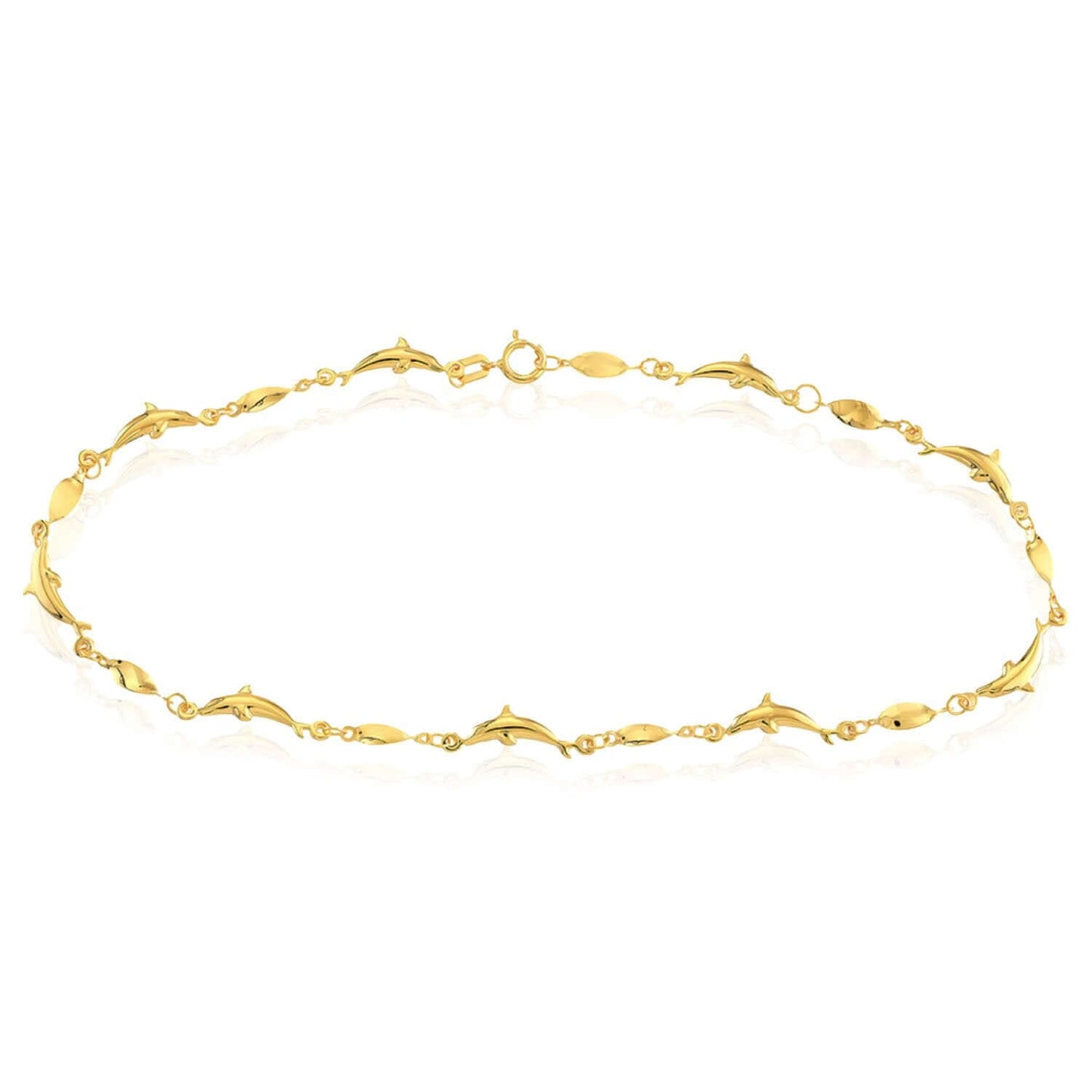 14K Real Gold Marquise Twisted Dolphin Ankle Bracelet 9"-10" Adjustable