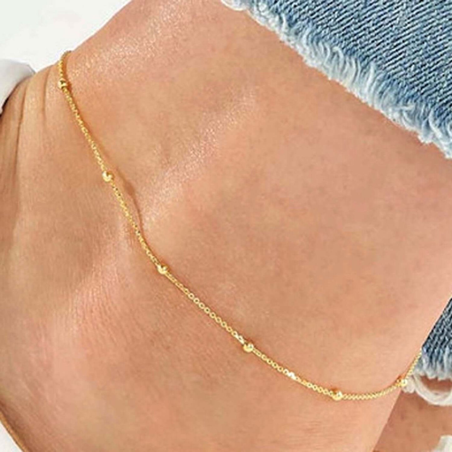 14K Real Gold Cable Chain Bead Stations Ankle Bracelet 9"-10" Adjustable