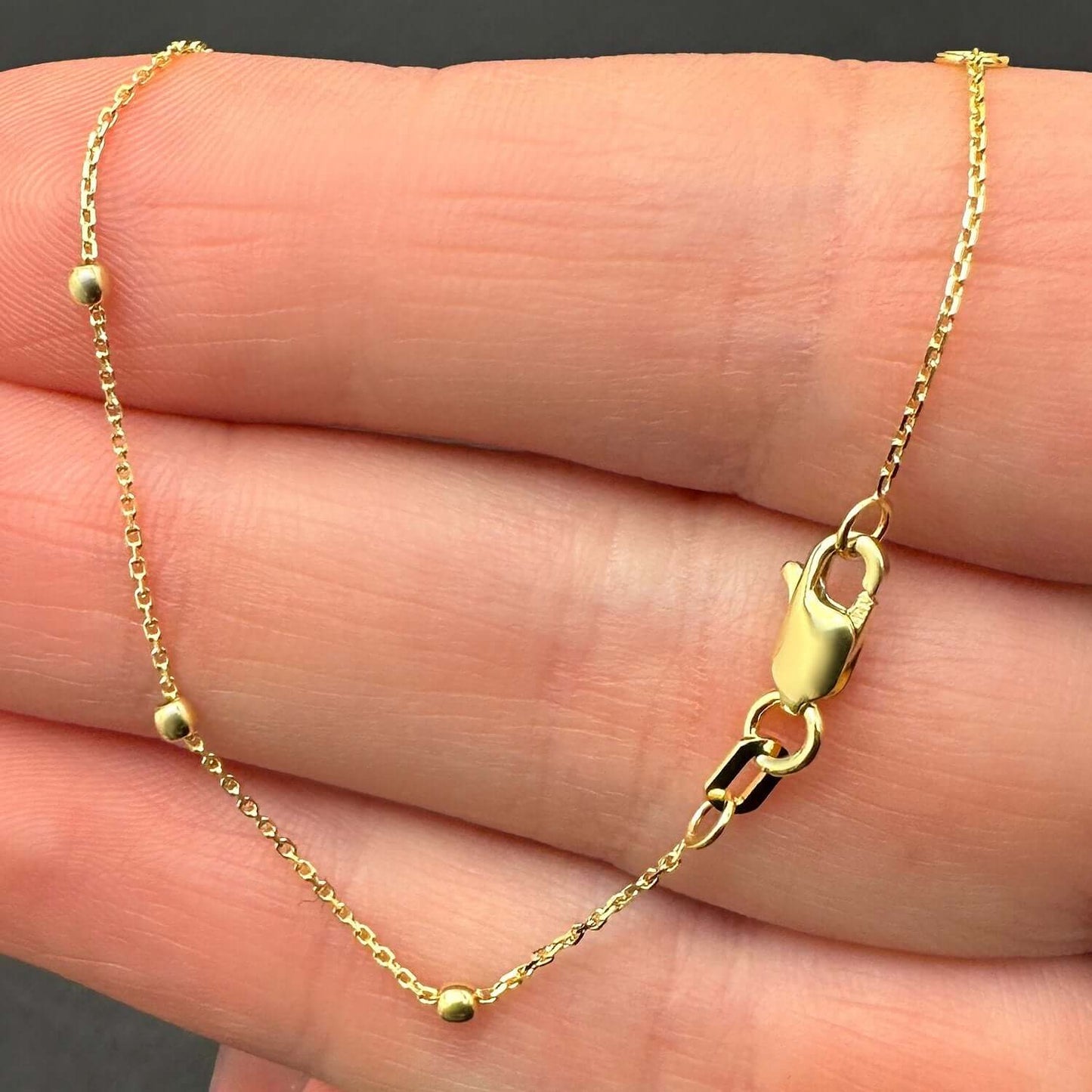 14K Real Gold Cable Chain Bead Stations Ankle Bracelet 9"-10" Adjustable