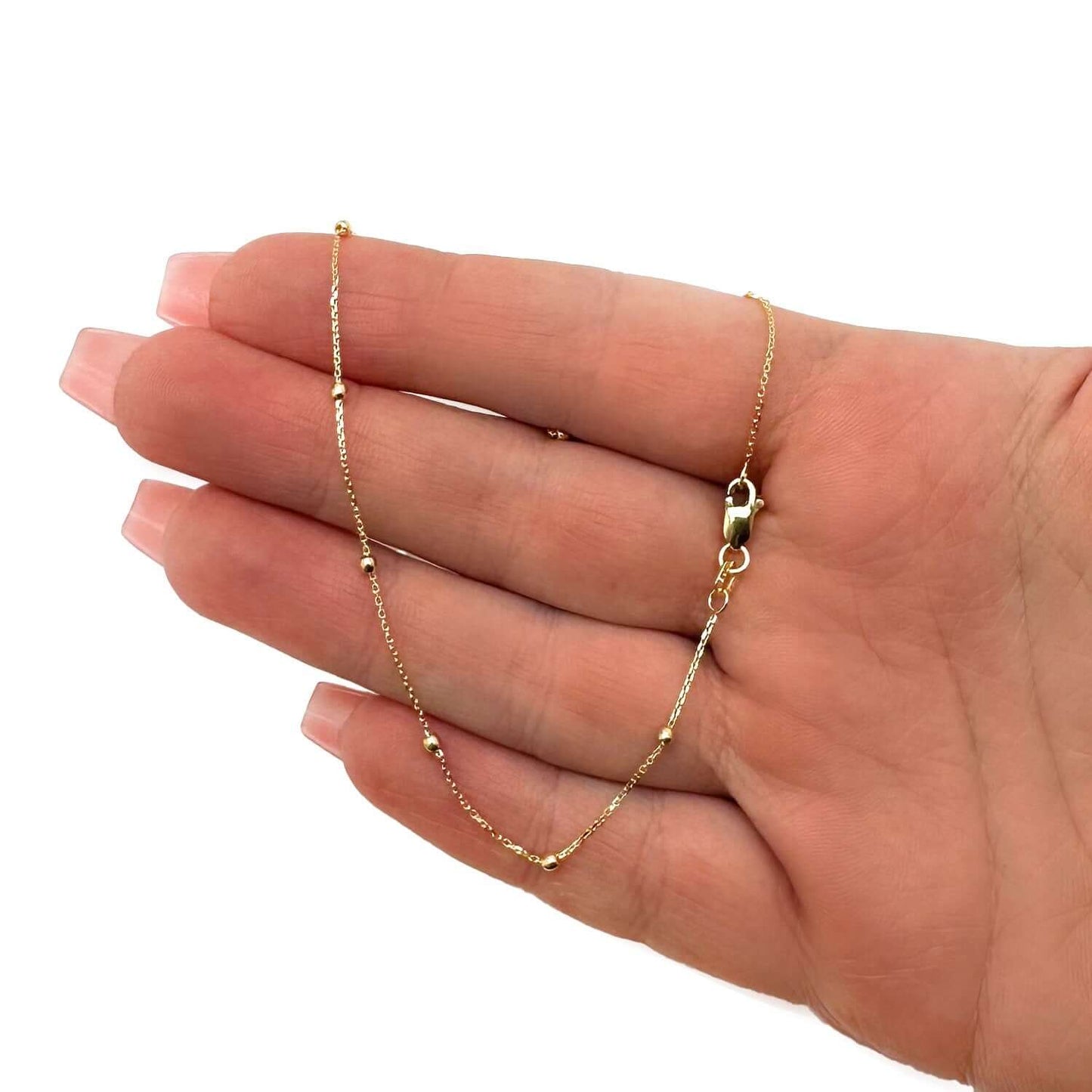 14K Real Gold Cable Chain Bead Stations Ankle Bracelet 9"-10" Adjustable