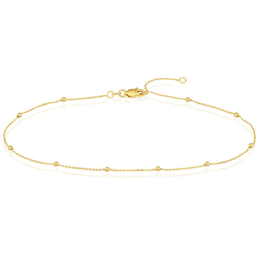 14K Yellow Gold Cable Chain Bead Stations Ankle Bracelet (Solid Links) 9"-10" Adjustable