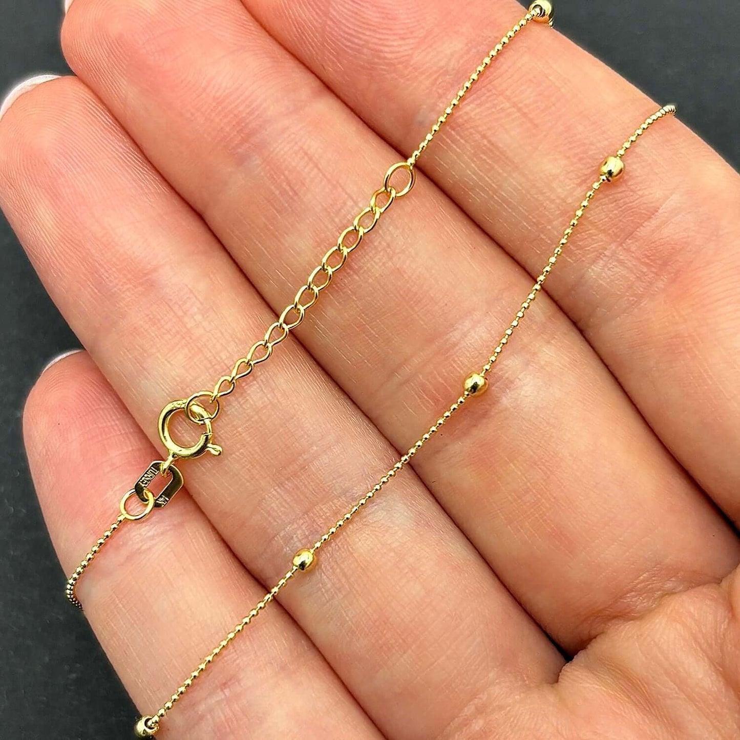 14K Real Gold Diamond-Cut Chain Bead Stations Ankle Bracelet 9"-10" Adjustable