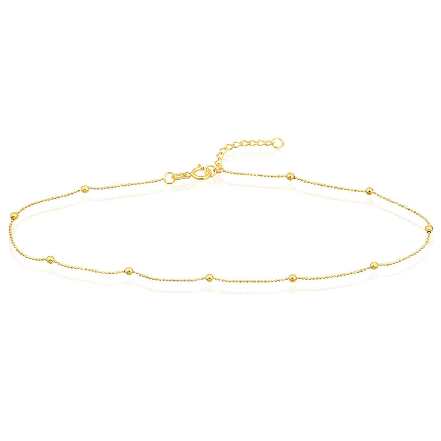 14K Real Gold Diamond-Cut Chain Bead Stations Ankle Bracelet 9"-10" Adjustable
