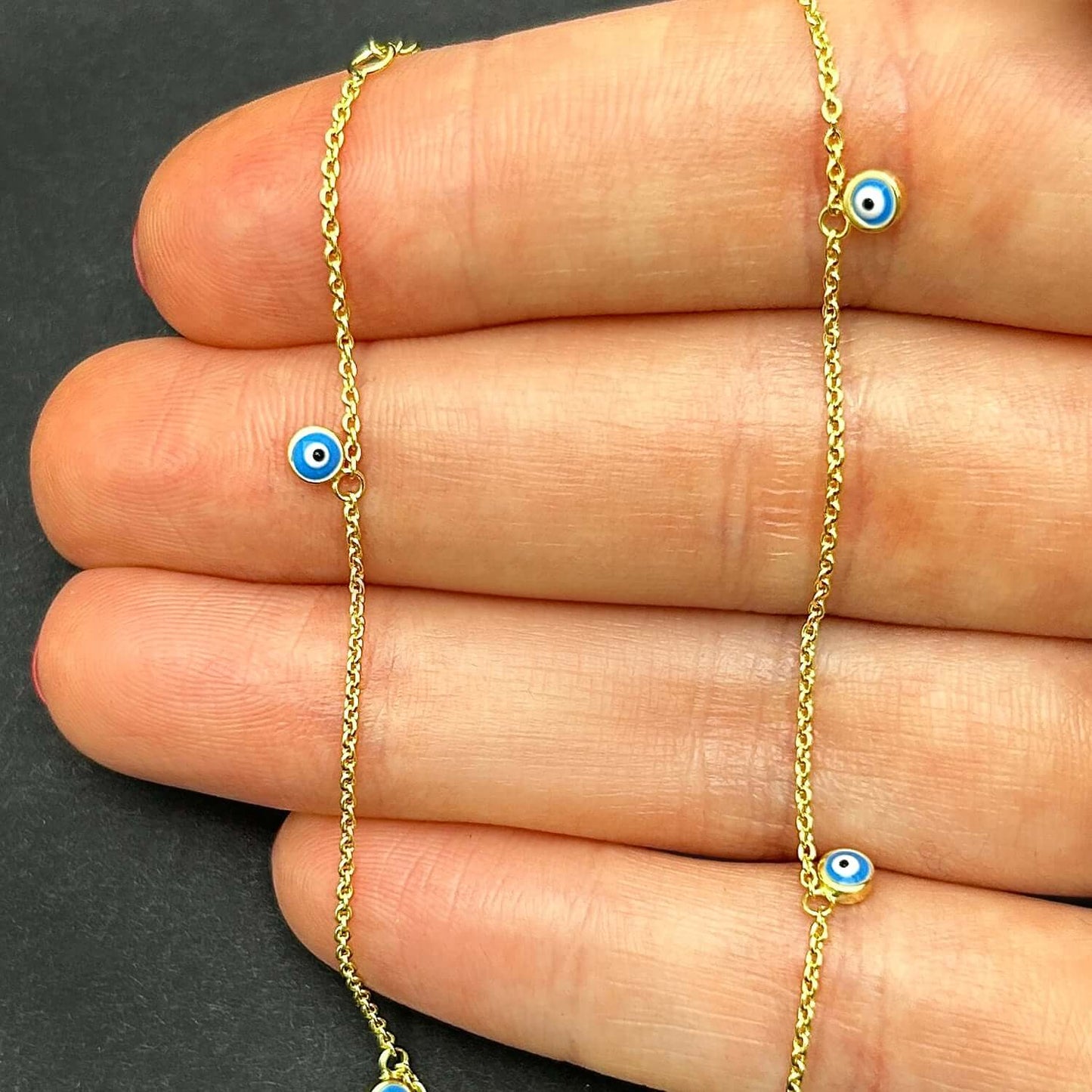 14K Real Gold Evil Eye Stations Cable Chain Ankle Bracelet 9"-10" Adjustable