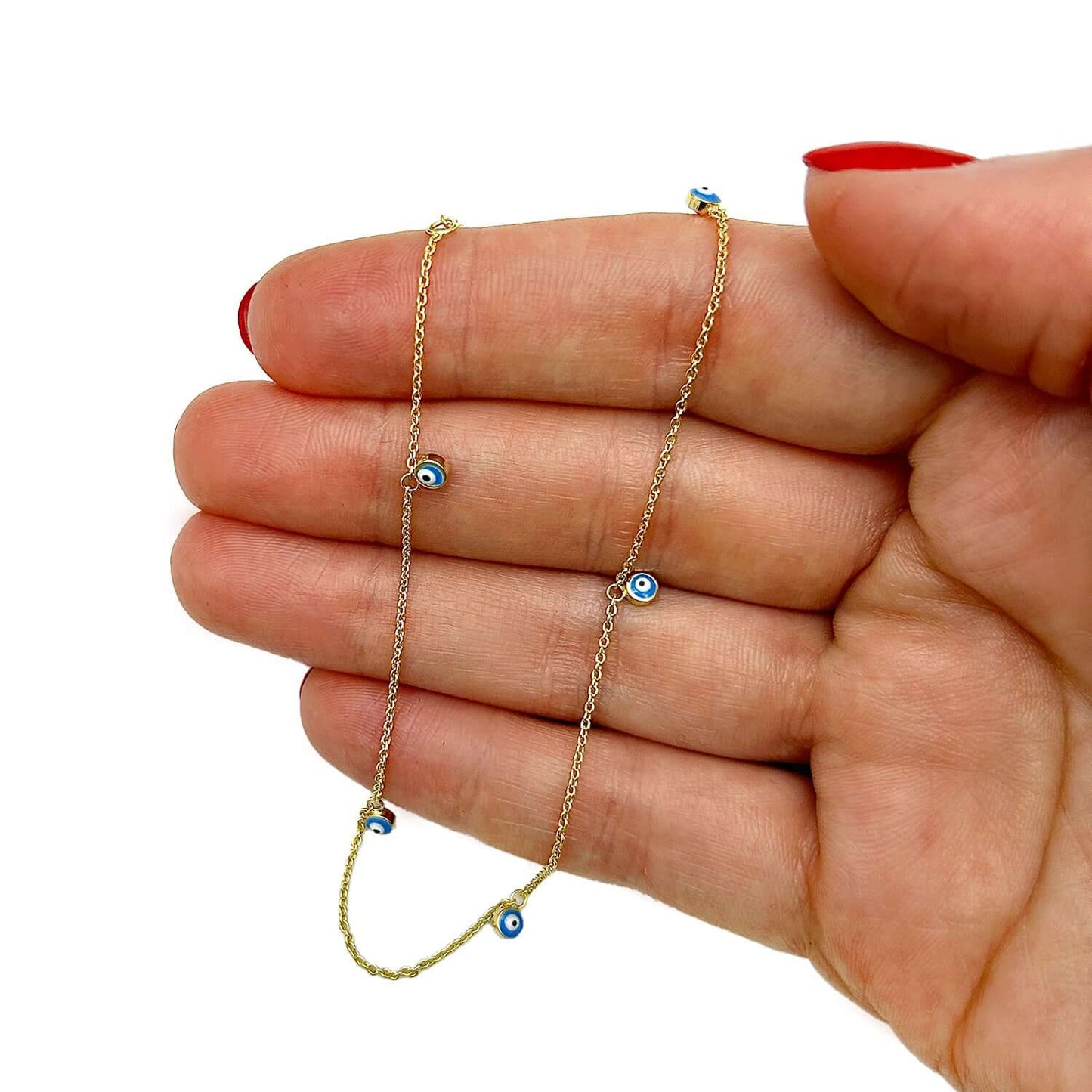 14K Real Gold Evil Eye Stations Cable Chain Ankle Bracelet 9"-10" Adjustable