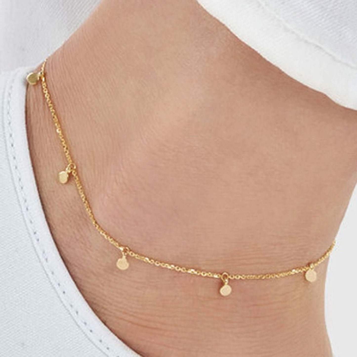 14K Real Gold Cable Chain Dangling Disc Charms Ankle Bracelet 9"-10" Adjustable