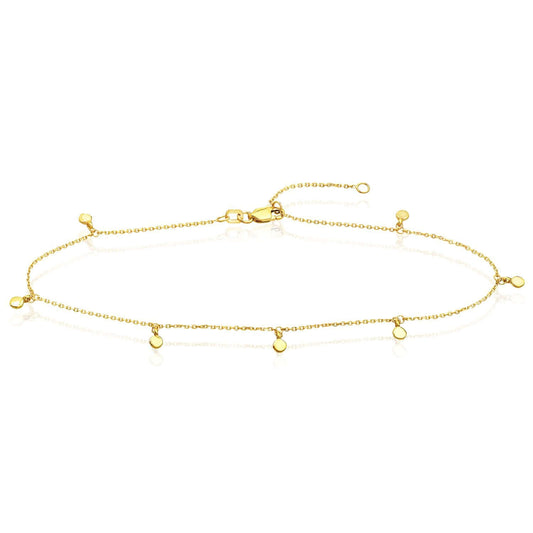 14K Yellow Gold Cable Chain Dangling Disc Charms Ankle Bracelet (Solid Links) 9"-10" Adjustable