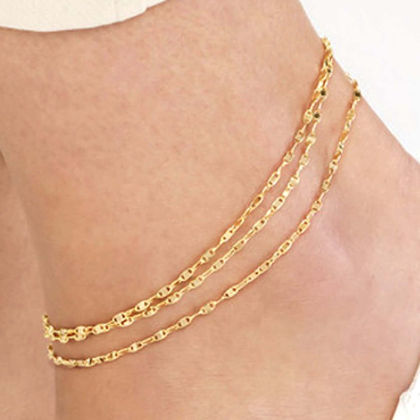 14K Real Gold Mariner Triple Strand Ankle Bracelet 9"-10" Adjustable
