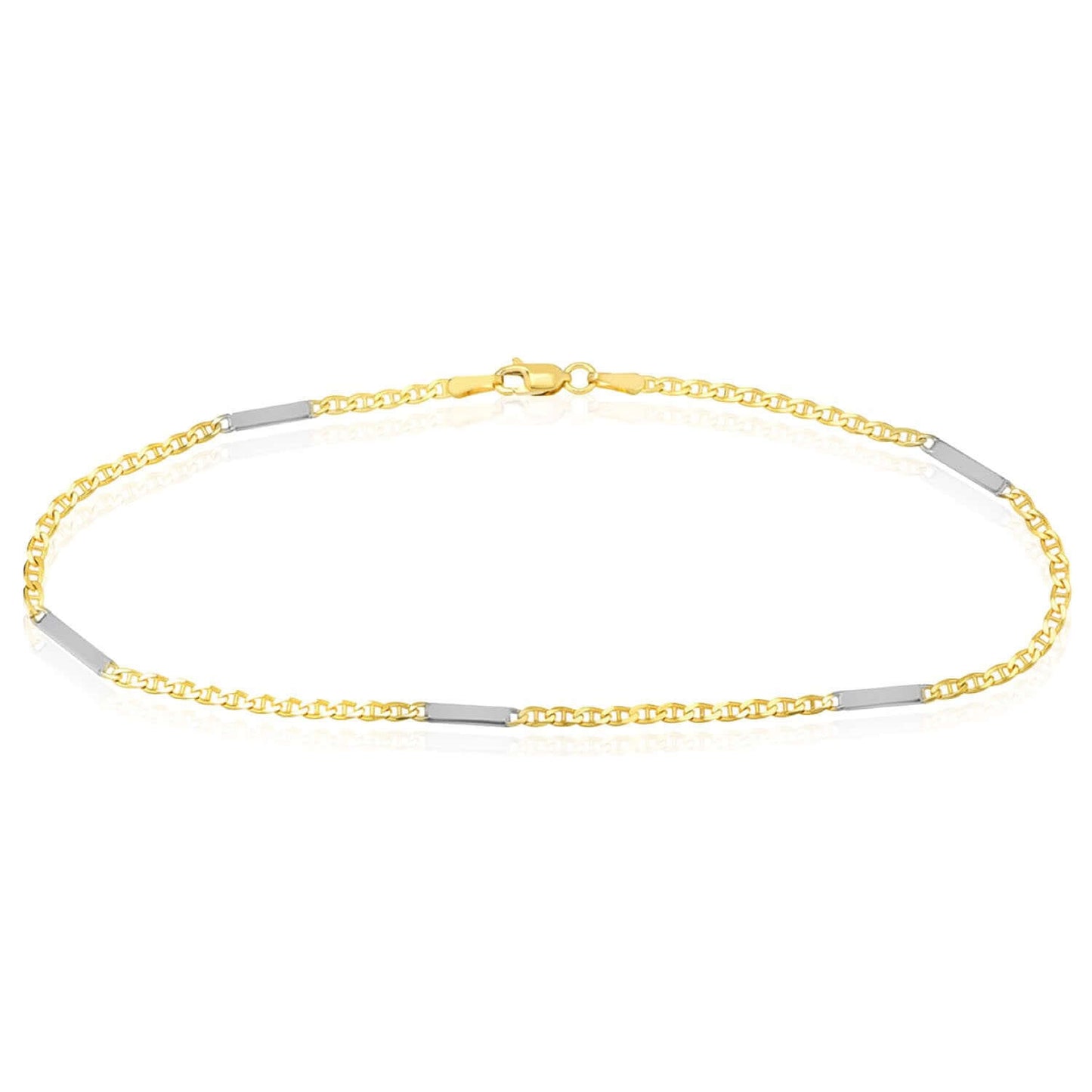 14K Gold Two-Tone Mariner Chain Bar Ankle Bracelet 9.5"