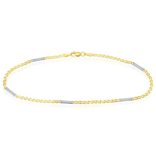 14K Yellow Gold Two-Tone Mariner Chain Bar Ankle Bracelet (Solid Links) 9.5"