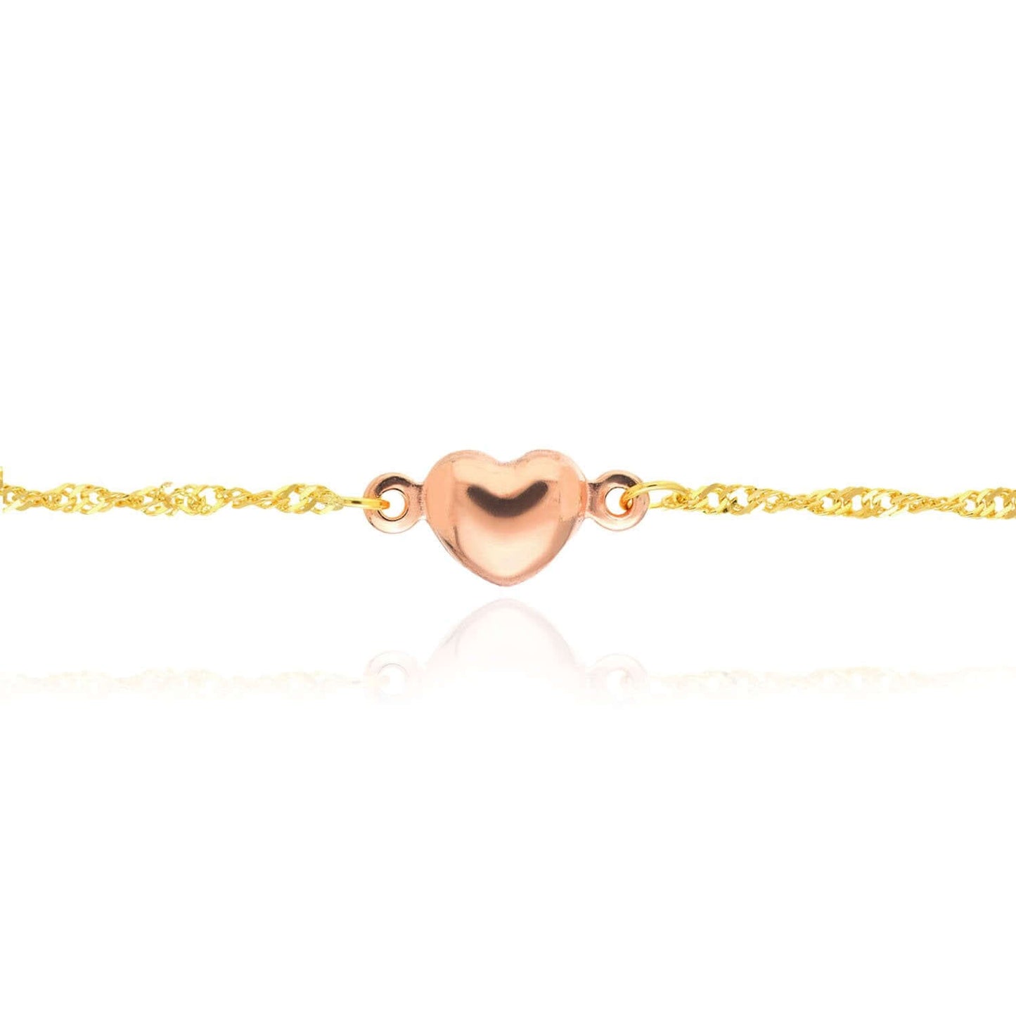 14K Real Gold Two-Tone Pink Heart Singapore Ankle Bracelet 9"-10" Adjustable